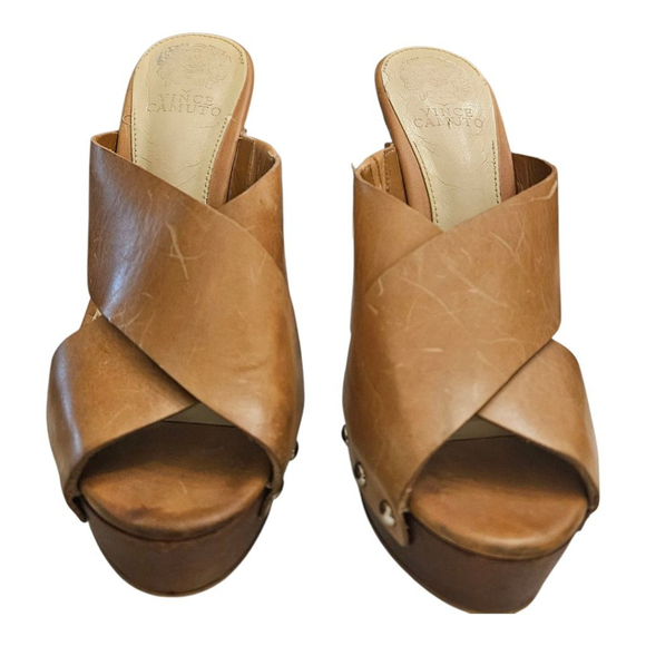 Vince Camuto Tan Leather Platform Heel Mules Size 9 - Picture 3 of 14